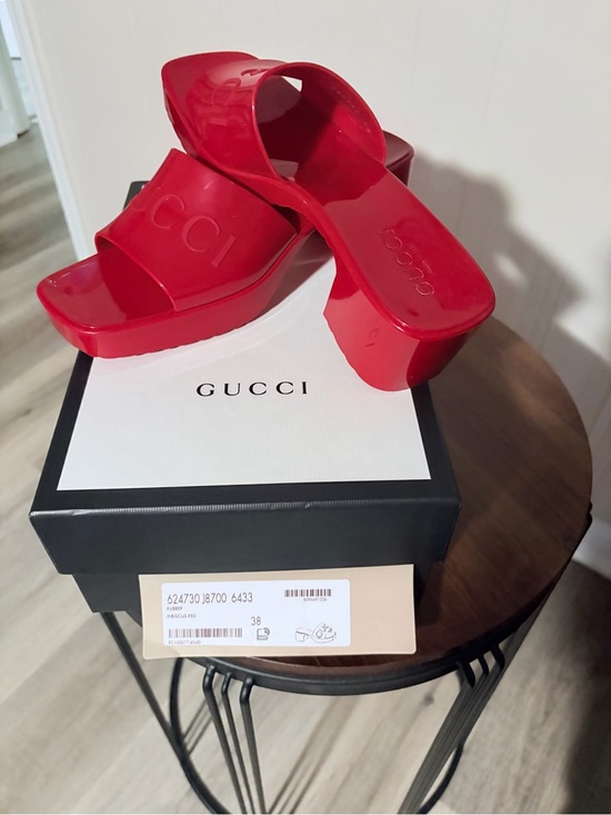 Gucci Shoes - Gucci Red Patent Platform Slide Mules